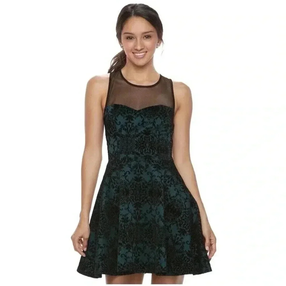 Trixxi Sleeveless Sz L‎ Floral Velvet Black Teal Mesh Above Dress Artsy Fairy